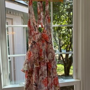 Size M Olivaceous boutique floral, lined, halter dress.